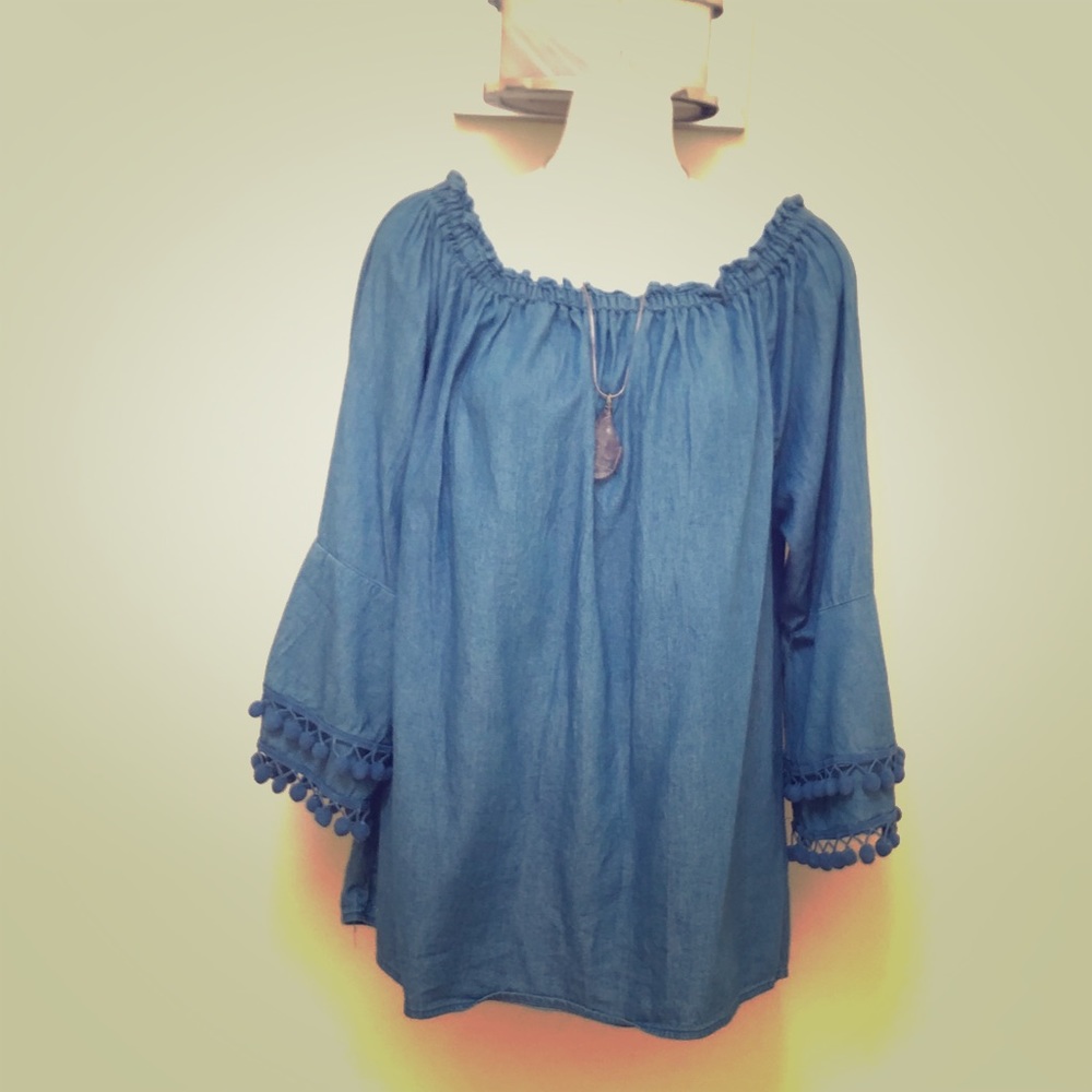 Dusky blue PEASANT boho top NWOT RETRO Lg/XL